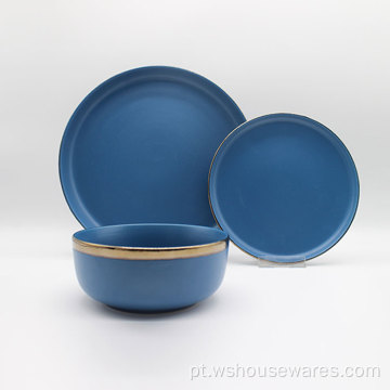 Forma redonda em forma azul dourada borda colorido de esmalte de jantar